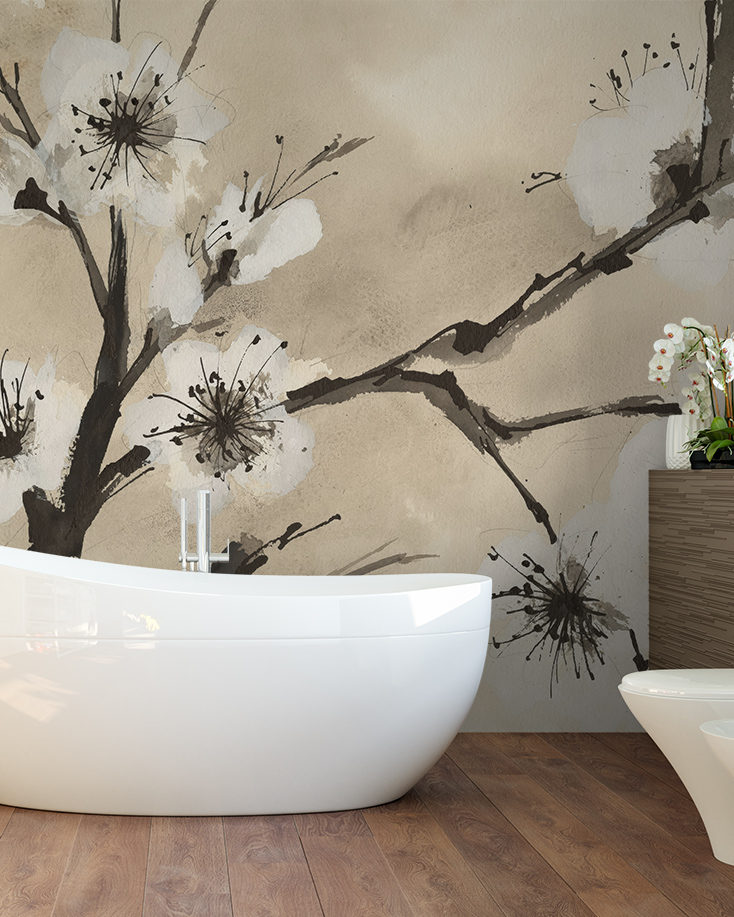 A modern bathroom featuring a white bathtub in front of Beige Wallpaper for Bathrooms with abstract floral design.