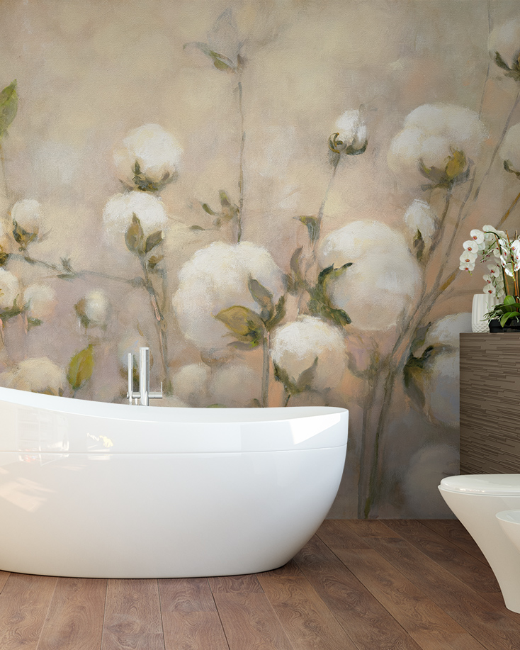 A modern bathroom featuring a white bathtub in front of beige wallpaper for bathrooms with cotton plant design.