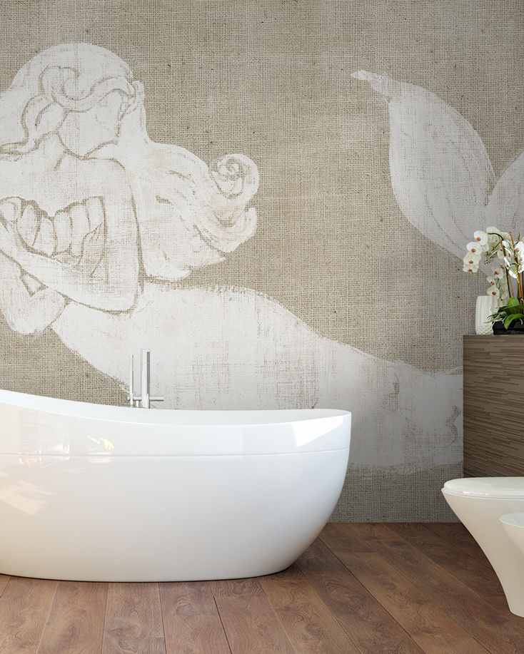 A modern bathroom featuring a white bathtub with Beige Wallpaper for Bathrooms displaying a mermaid sketch design.