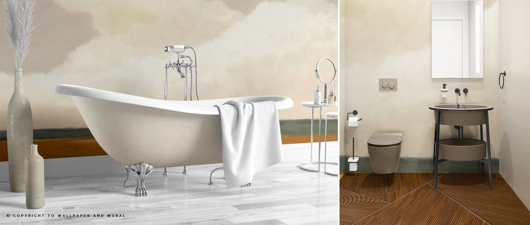 A modern bathroom with a clawfoot tub, vases, and beige wallpaper for bathrooms, creating a serene atmosphere.