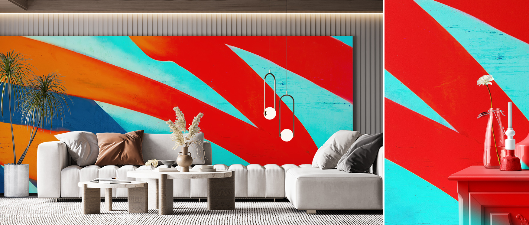 a-modern-living-room-featuring-abstract-wallpaper-for-accent-walls-with-vibrant-red-orange-and-blue-geometric-patterns A modern living room featuring abstract wallpaper for accent walls, with vibrant red, orange, and blue geometric patterns