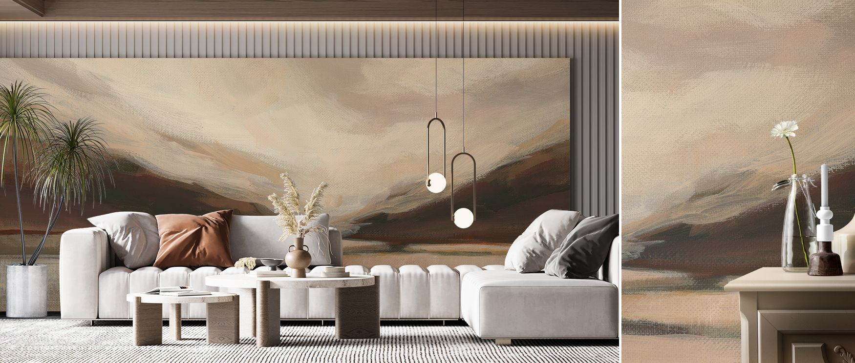 a-modern-living-room-with-a-beige-wallpaper-featuring-abstract-landscape-art-paired-with-beige-furniture-and-minimalist-decor-beige-wallpaper-color-pairing-adds-warmth-to-the-space A modern living room with a beige wallpaper featuring abstract landscape art, paired with beige furniture and minimalist decor Beige Wallpaper Color Pairing adds warmth to the space.