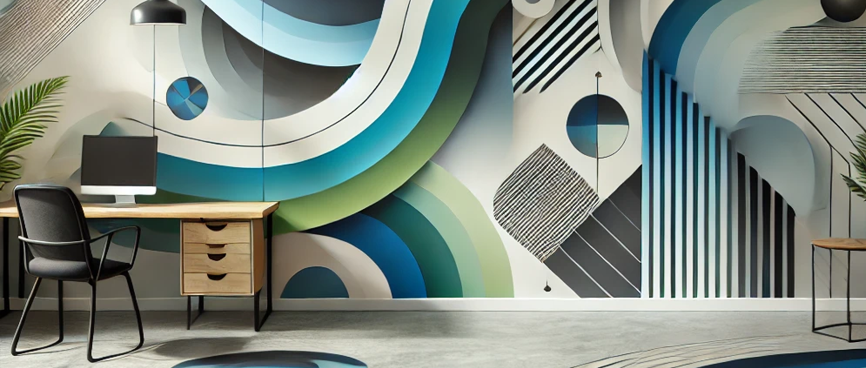 a-modern-office-setup-featuring-abstract-wallpaper-for-commercial-spaces-with-bold-geometric-patterns-in-blue-green-and-black-tones-complemented-by-a-wooden-desk-chair-and-a-computer A modern office setup featuring Abstract Wallpaper for Commercial Spaces with bold geometric patterns in blue, green, and black tones, complemented by a wooden desk, chair, and a computer