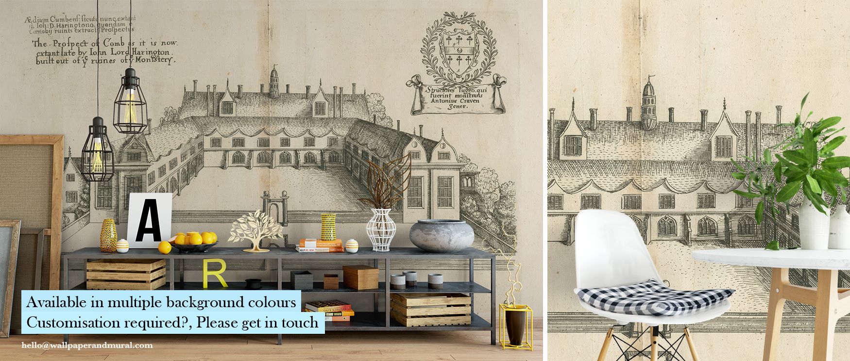 a-modern-room-featuring-beige-wallpaper-for-commercial-spaces-with-a-vintage-architectural-sketch-industrial-lighting-shelves-books-and-decorative-items A modern room featuring Beige Wallpaper for Commercial Spaces with a vintage architectural sketch, industrial lighting, shelves, books, and decorative items.