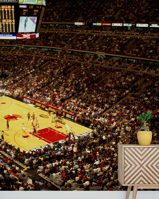 A packed basketball arena wallpaper, offering tips for selecting sports wallpaper, behind a decorative cabinet.