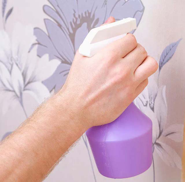 a-person-spraying-a-cleaning-solution-on-beige-wallpaper-for-bathrooms-with-a-floral-design-using-a-purple-spray-bottle A person spraying a cleaning solution on Beige Wallpaper for Bathrooms with a floral design, using a purple spray bottle.