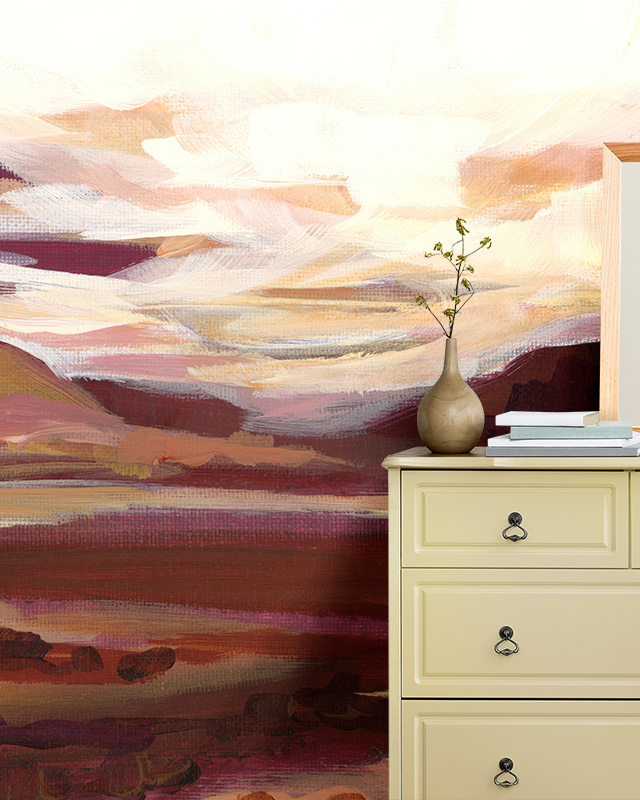 A room featuring Beige Wallpaper for Bathrooms with a sunset landscape design, next to a light yellow dresser.
