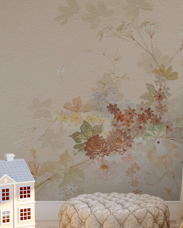 a-room-featuring-beige-wallpaper-for-commercial-spaces-with-a-delicate-floral-design-a-tufted-pouf-and-a-decorative-house-model-in-front A room featuring Beige Wallpaper for Commercial Spaces with a delicate floral design, a tufted pouf, and a decorative house model in front.