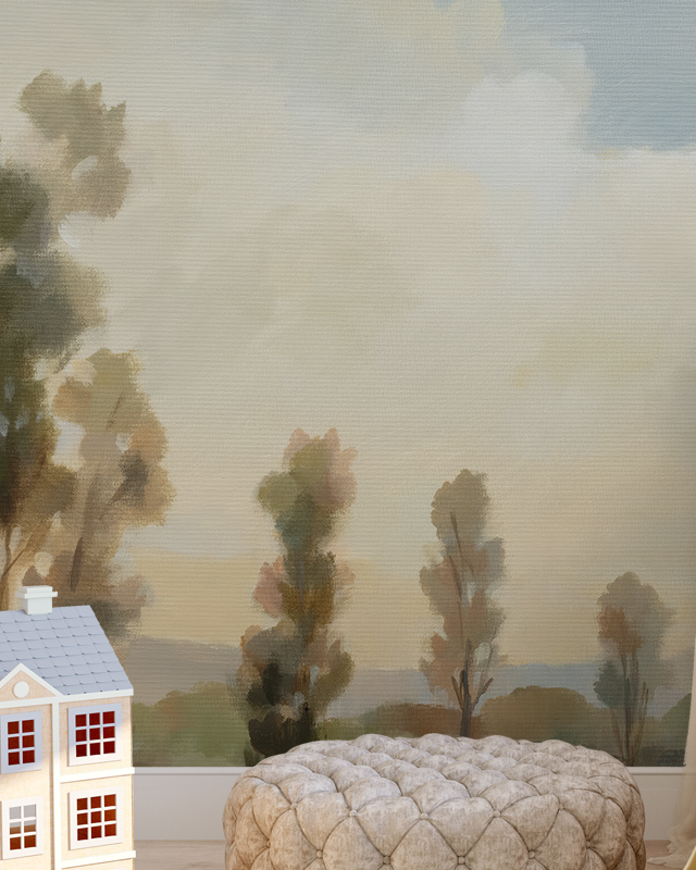 a-room-featuring-beige-wallpaper-for-commercial-spaces-with-a-soft-landscape-design-a-tufted-pouf-and-a-decorative-house-model-in-front A room featuring Beige Wallpaper for Commercial Spaces with a soft landscape design, a tufted pouf, and a decorative house model in front.