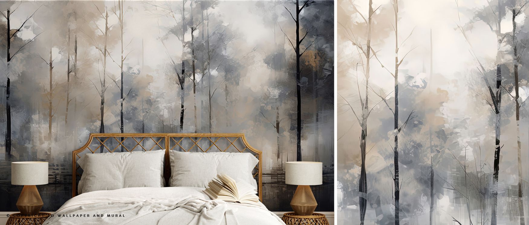 a-serene-bedroom-features-a-misty-forest-scene-on-the-wall-showcasing-a-beautiful-beige-wallpaper-color-pairing A serene bedroom features a misty forest scene on the wall, showcasing a beautiful Beige Wallpaper Color Pairing.
