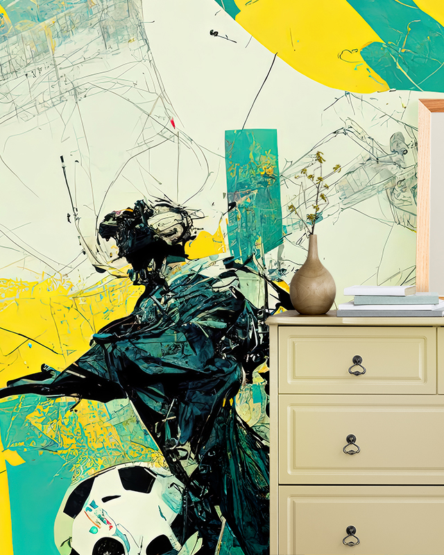 a-vibrant-abstract-mural-featuring-a-dynamic-soccer-player-with-a-soccer-ball-complemented-by-a-dresser-table-with-a-vase-ideal-as-sports-wallpaper-for-man-caves A vibrant abstract mural featuring a dynamic soccer player with a soccer ball, complemented by a dresser table with a vase, ideal as sports wallpaper for man caves.