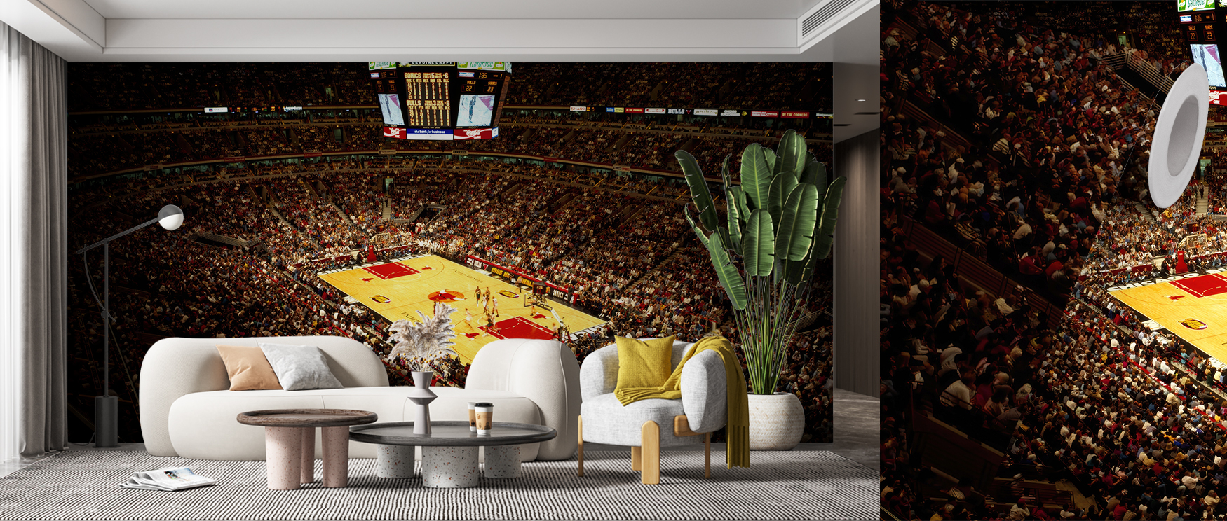 A vibrant basketball stadium scene, ideal as sports wallpaper for man caves, displayed in a stylish living room.