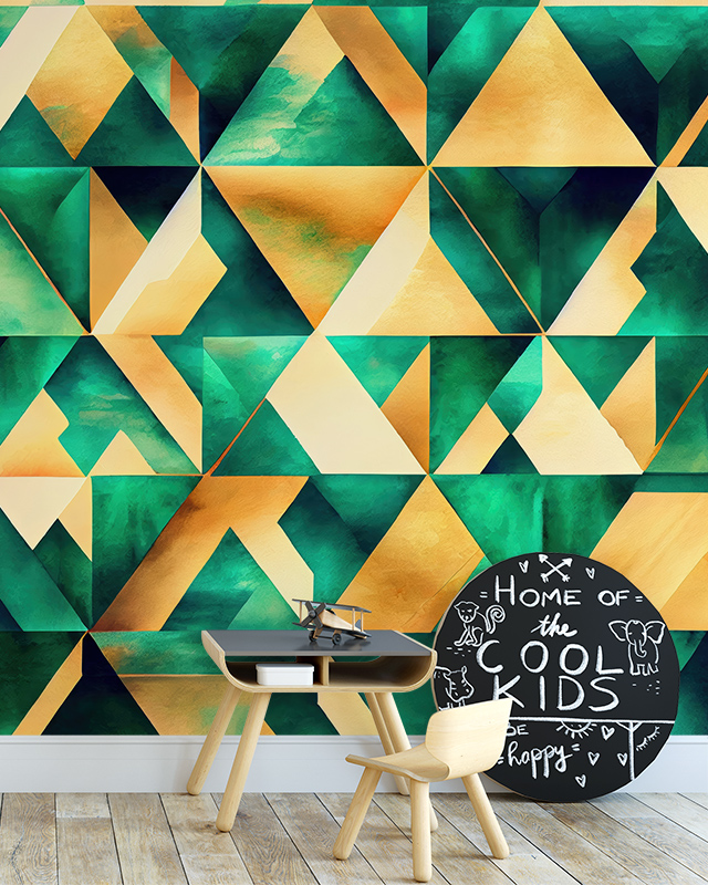 a-vibrant-playroom-features-abstract-wallpaper-for-accent-walls-with-geometric-gold-and-green-patterns-behind-a-small-desk A vibrant playroom features abstract wallpaper for accent walls with geometric gold and green patterns behind a small desk