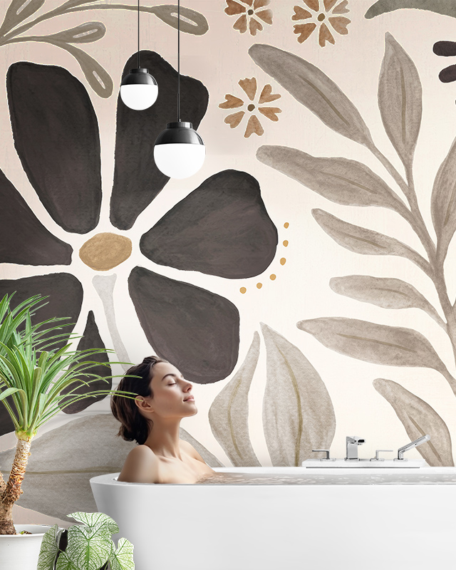 A woman relaxing in a bathtub with Beige Wallpaper for Bathrooms featuring bold, abstract floral designs in the background.