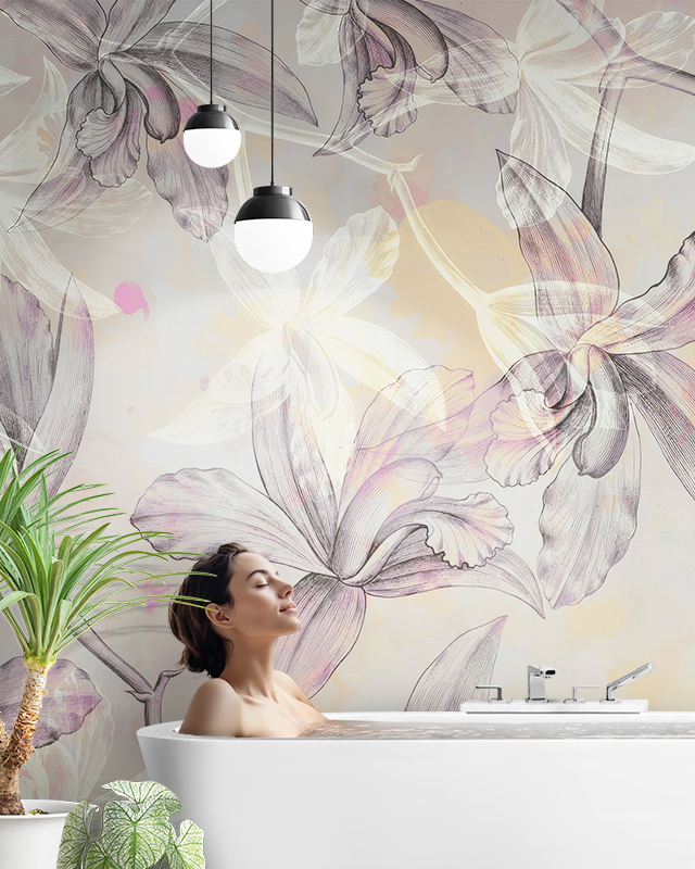 A woman relaxing in a bathtub with Beige Wallpaper for Bathrooms featuring delicate, sketch-style floral designs in soft colors.