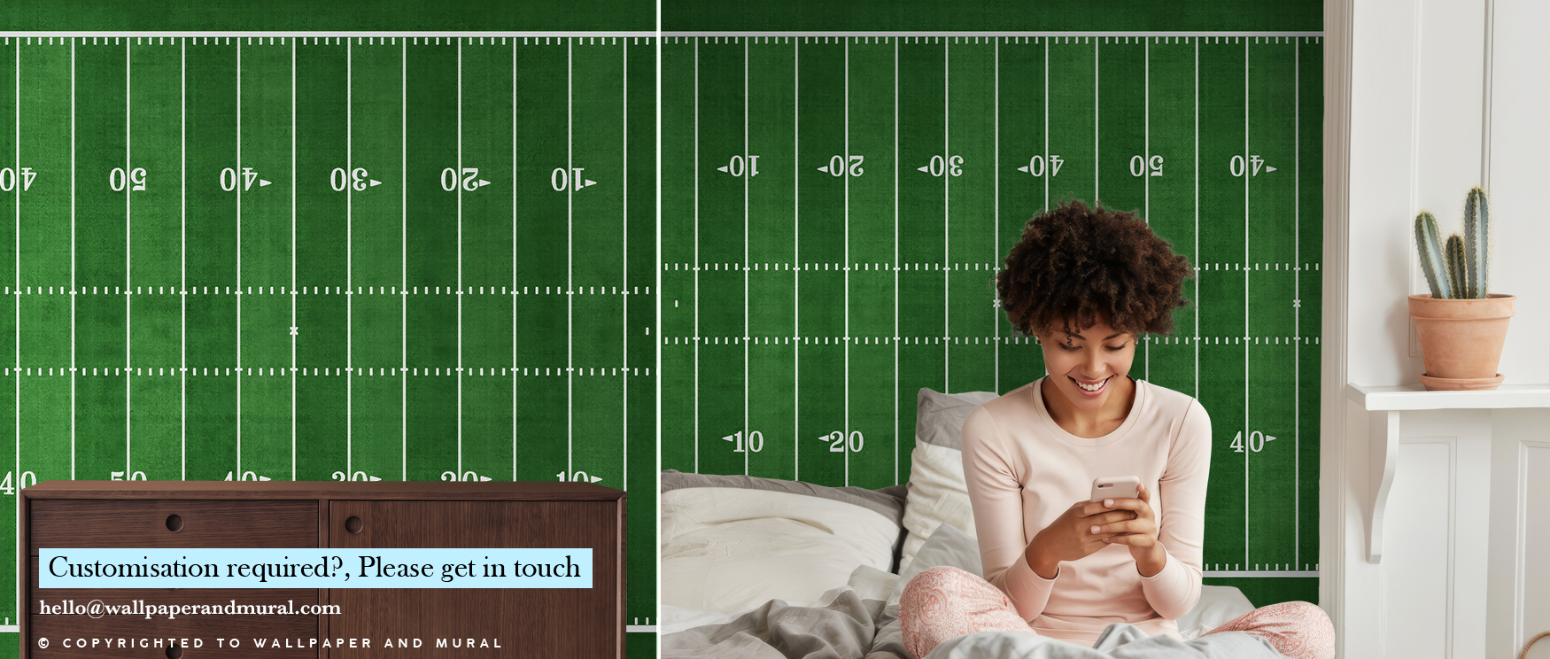 a-woman-sits-on-a-bed-in-front-of-a-american-football-field-mural-showcasing-types-of-sports-wallpapers A woman sits on a bed in front of a american football field mural, showcasing types of sports wallpapers.