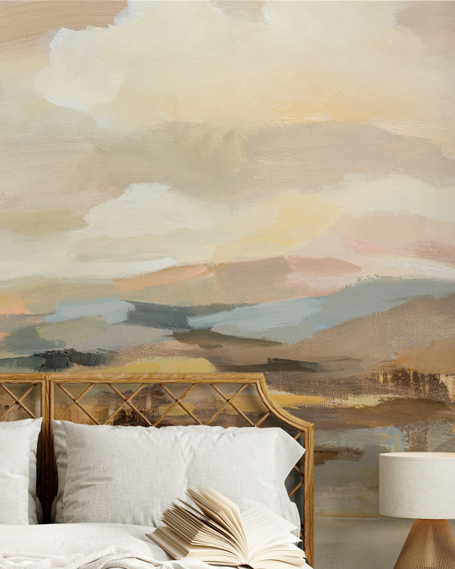 Abstract beige wallpaper for bathrooms with soft, neutral tones behind a bed with pillows and an open book.