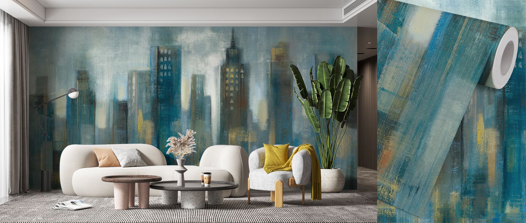 Abstract cityscape wallpaper with blue and yellow tones in front of a modern living room setup, showcasing Abstract Wallpaper Trends.