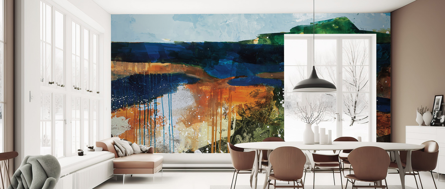 Abstract landscape wallpaper with vibrant blues, oranges, and greens in front of a modern dining area, showcasing Abstract Wallpaper for Commercial Spaces.