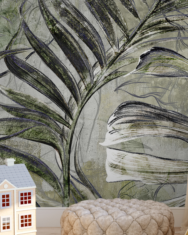 Abstract leaf-patterned wallpaper in green and gray tones, with a small house model and beige tufted ottoman in front, for a comparison of abstract wallpaper with other styles.