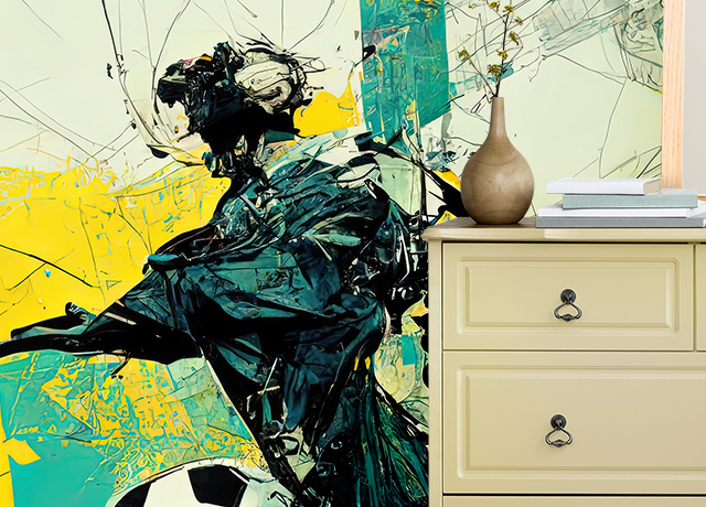 Abstract soccer-themed sports wallpaper trends with a dresser holding a vase and books in the foreground.