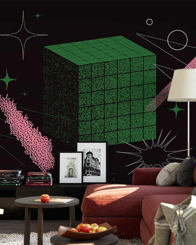 abstract-wallpaper-for-commercial-spaces-featuring-a-green-cube-geometric-shapes-and-starbursts-on-a-dark-background-creating-a-modern-futuristic-vibe Abstract wallpaper for commercial spaces featuring a green cube, geometric shapes, and starbursts on a dark background, creating a modern, futuristic vibe