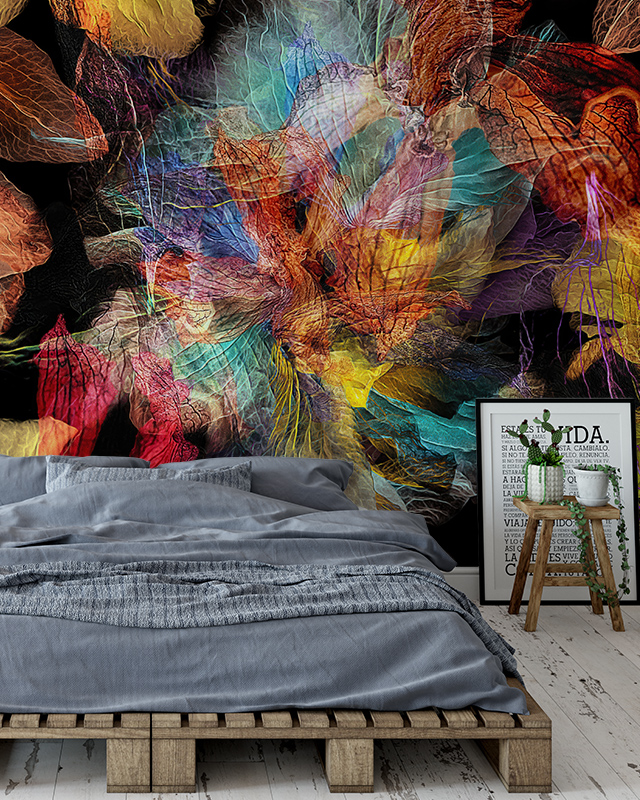 abstract-wallpaper-for-commercial-spaces-featuring-a-vivid-display-of-multicolored-overlapping-leaf-patterns-on-a-black-background-creating-a-dynamic-and-artistic-atmosphere Abstract wallpaper for commercial spaces featuring a vivid display of multicolored, overlapping leaf patterns on a black background, creating a dynamic and artistic atmosphere