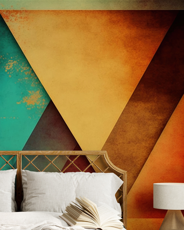 abstract-wallpaper-for-small-spaces-featuring-bold-overlapping-geometric-triangles-in-warm-tones-of-orange-brown-and-teal Abstract wallpaper for small spaces featuring bold, overlapping geometric triangles in warm tones of orange, brown, and teal