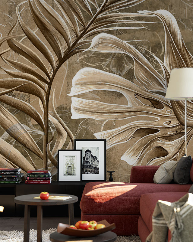 abstract-wallpaper-for-small-spaces-featuring-large-detailed-tropical-leaves-in-varying-shades-of-brown-and-beige Abstract wallpaper for small spaces featuring large, detailed tropical leaves in varying shades of brown and beige