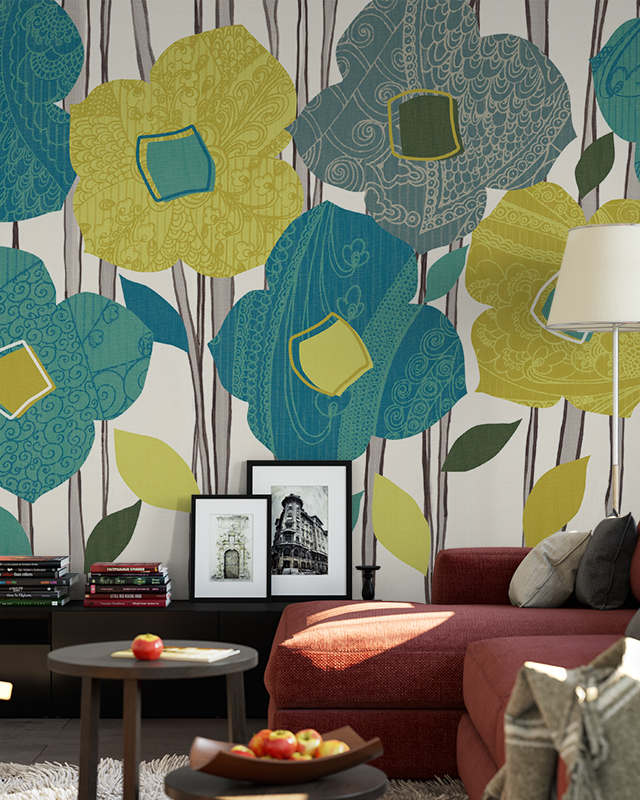 abstract-wallpaper-for-small-spaces-featuring-large-patterned-flowers-in-shades-of-teal-yellow-and-gray-with-green-leaves Abstract wallpaper for small spaces featuring large, patterned flowers in shades of teal, yellow, and gray with green leaves