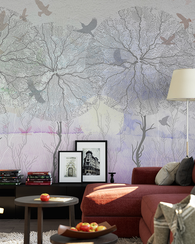 abstract-wallpaper-trends-featuring-intricate-tree-patterns-with-birds-in-flight-adding-depth-to-a-cozy-living-room Abstract wallpaper trends featuring intricate tree patterns with birds in flight, adding depth to a cozy living room