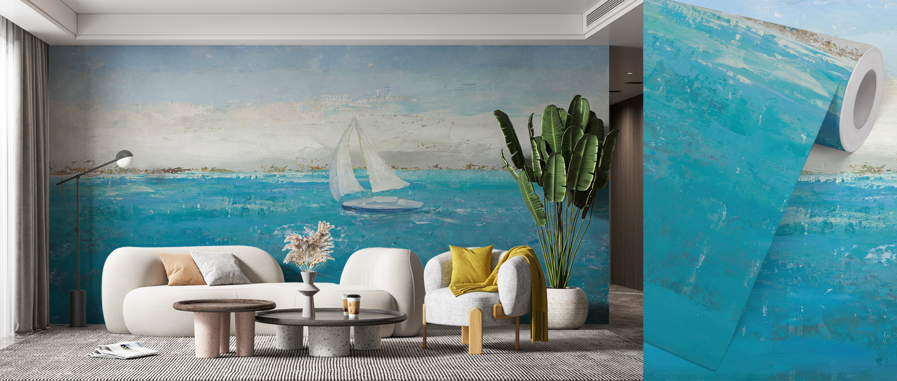 Abstract wallpaper with a serene ocean scene featuring a sailboat, creating depth and calm, ideal for Abstract Wallpaper for Small Spaces.