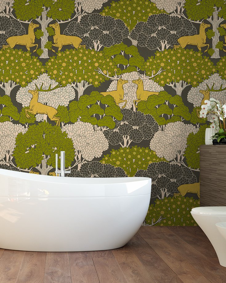 bathroom-with-abstract-wallpaper-for-commercial-spaces-featuring-green-and-yellow-woodland-animals-behind-a-modern-white-bathtub Bathroom with Abstract Wallpaper for Commercial Spaces featuring green and yellow woodland animals behind a modern white bathtub