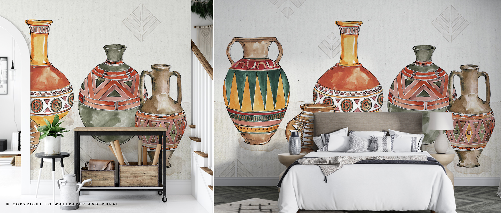 bedroom-and-entryway-featuring-abstract-wallpaper-for-accent-walls-showcasing-large-colorful-pottery-illustrations-with-geometric-patterns bedroom and entryway featuring abstract wallpaper for accent walls showcasing large colorful pottery illustrations with geometric patterns