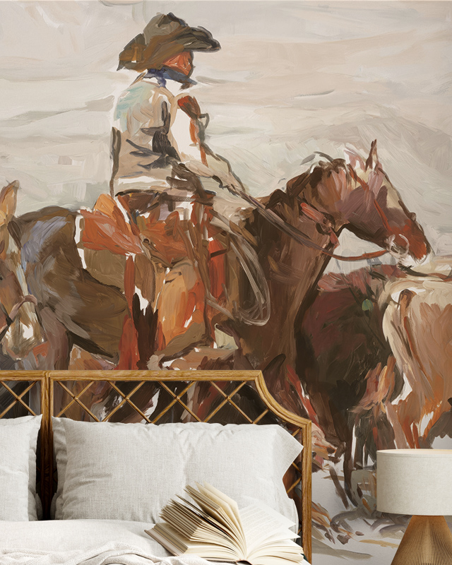 bedroom-featuring-a-cowboy-themed-abstract-wallpaper-for-accent-walls-showcasing-a-rider-on-horseback-in-earthy-tones Bedroom featuring a cowboy-themed abstract wallpaper for accent walls, showcasing a rider on horseback in earthy tones