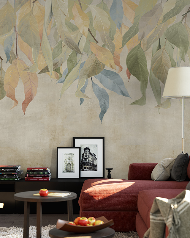 bedroom-with-beige-wallpaper-adorned-with-falling-leaves-a-red-sofa-framed-pictures-and-a-floor-lamp Bedroom with beige wallpaper adorned with falling leaves, a red sofa, framed pictures, and a floor lamp.