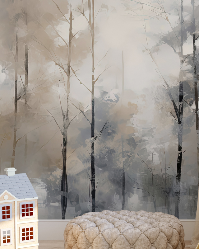 bedroom-with-beige-wallpaper-featuring-a-misty-forest-scene-paired-with-a-tufted-ottoman-and-a-toy-house Bedroom with beige wallpaper featuring a misty forest scene, paired with a tufted ottoman and a toy house.