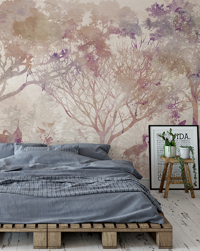 bedroom-with-beige-wallpaper-featuring-a-serene-forest-scene-a-wooden-bed-with-gray-linens-and-a-small-side-table-holding-framed-art-and-a-plant Bedroom with beige wallpaper featuring a serene forest scene, a wooden bed with gray linens, and a small side table holding framed art and a plant.