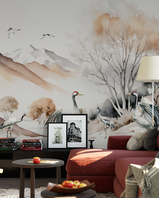 bedroom-with-beige-wallpaper-featuring-a-serene-landscape-of-cranes-and-trees-with-a-red-sofa-floor-lamp-and-framed-pictures-in-front Bedroom with beige wallpaper featuring a serene landscape of cranes and trees, with a red sofa, floor lamp, and framed pictures in front.