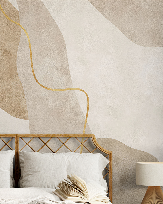 bedroom-with-beige-wallpaper-featuring-abstract-wave-patterns-behind-a-rattan-headboard-an-open-book-and-a-bedside-lamp Bedroom with beige wallpaper featuring abstract wave patterns behind a rattan headboard, an open book, and a bedside lamp.