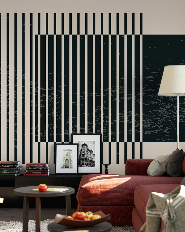 bedroom-with-beige-wallpaper-featuring-black-geometric-stripes-a-red-sofa-framed-photos-and-a-side-table-with-books Bedroom with beige wallpaper featuring black geometric stripes, a red sofa, framed photos, and a side table with books.