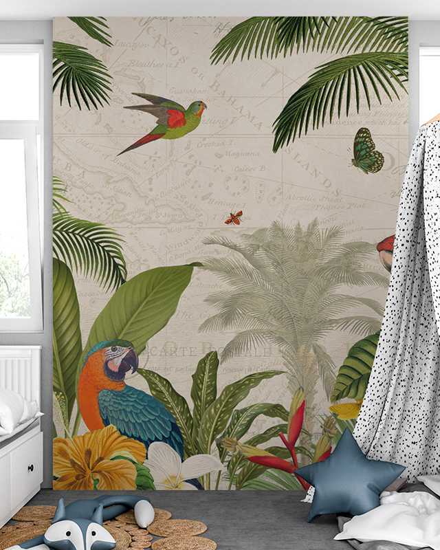 bedroom-with-beige-wallpaper-featuring-tropical-birds-and-plants-alongside-a-cozy-play-area-with-pillows-and-toys Bedroom with beige wallpaper featuring tropical birds and plants, alongside a cozy play area with pillows and toys.