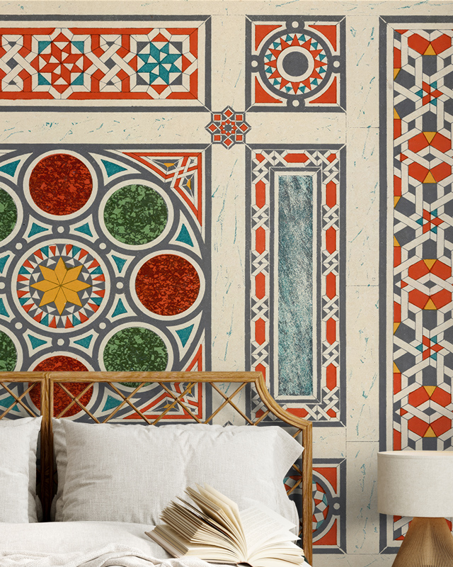 bedroom-with-beige-wallpaper-featuring-vibrant-geometric-patterns-a-bed-with-light-pillows-and-an-open-book Bedroom with beige wallpaper featuring vibrant geometric patterns, a bed with light pillows, and an open book.