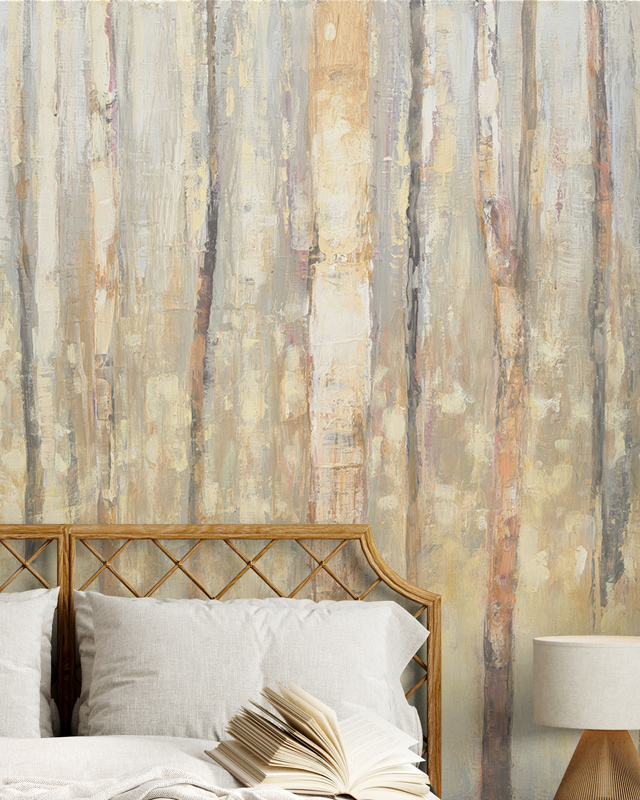 bedroom-with-beige-wallpaper-resembling-textured-vertical-brushstrokes-featuring-a-wooden-headboard-a-book-and-a-bedside-lamp Bedroom with beige wallpaper resembling textured vertical brushstrokes, featuring a wooden headboard, a book, and a bedside lamp.
