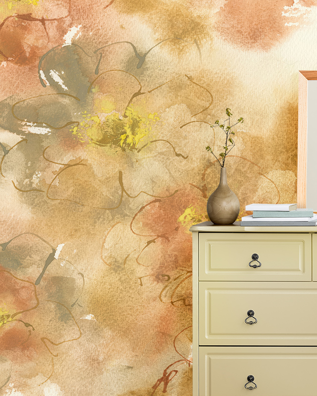 bedroom-with-beige-wallpaper-showcasing-abstract-floral-patterns-in-warm-tones-a-beige-dresser-with-a-vase-and-books-in-front Bedroom with beige wallpaper showcasing abstract floral patterns in warm tones. A beige dresser with a vase and books in front.