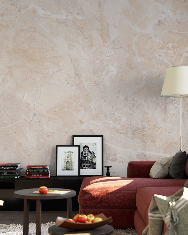 beige-wallpaper-trends-featuring-a-marble-textured-wall-behind-a-red-sofa-modern-decor-and-framed-artwork Beige wallpaper trends featuring a marble-textured wall behind a red sofa, modern decor, and framed artwork.