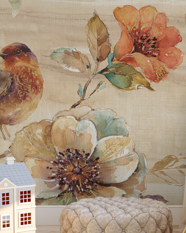 beige-wallpaper-trends-featuring-a-vibrant-floral-and-bird-design-with-a-pouf-and-toy-house-in-the-foreground Beige wallpaper trends featuring a vibrant floral and bird design, with a pouf and toy house in the foreground.