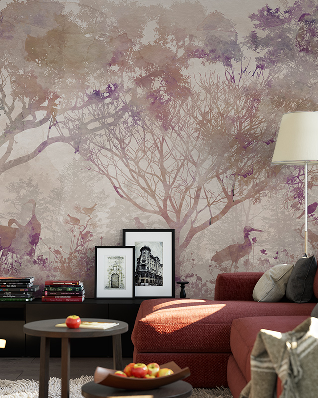 beige-wallpaper-trends-showcasing-a-nature-themed-mural-with-purple-trees-and-birds-behind-a-red-sofa-and-framed-art Beige wallpaper trends showcasing a nature-themed mural with purple trees and birds behind a red sofa and framed art.