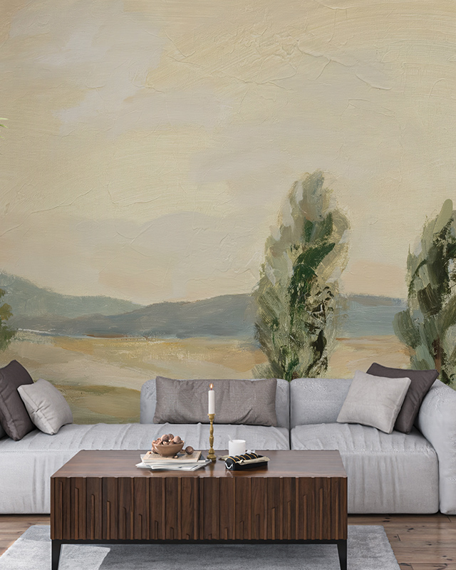 beige-wallpaper-trends-showcasing-a-serene-landscape-mural-behind-a-modern-gray-sofa-and-wooden-coffee-table Beige wallpaper trends showcasing a serene landscape mural behind a modern gray sofa and wooden coffee table.