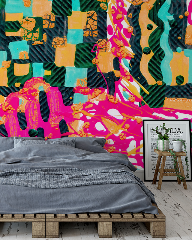 bold-abstract-wallpaper-trends-in-vibrant-colors-and-patterns-behind-a-minimalist-bed-setup-enhancing-the-room-s-modern-aesthetic Bold abstract wallpaper trends in vibrant colors and patterns behind a minimalist bed setup, enhancing the room's modern aesthetic